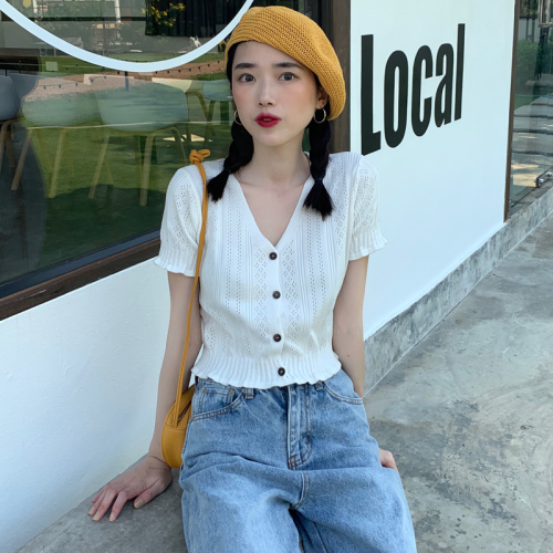 Real photo quality inspection summer cut out top short short sleeve T-shirt thin knit cardigan sunscreen