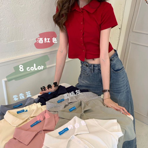 Real photo, quality inspection, summer suit, solid color, basic style, versatile polo collar, small Short Sleeve T-Shirt Top