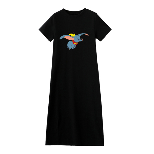 Summer cute, age-reduced, loose-sleeved flying elephant short-sleeved T-shirt, cartoon print dress, medium-length dress