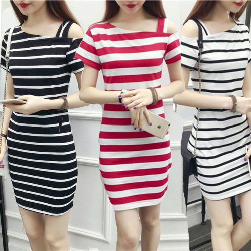 Strapless striped dress slim suspender one line fashion sexy top slim show thin T-shirt