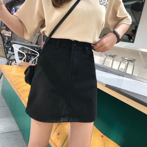 Actual Korean Chic Jeans Short Slim Skirt Korean Wind Leisure High waist A-shaped Skirt Half-length Skirt