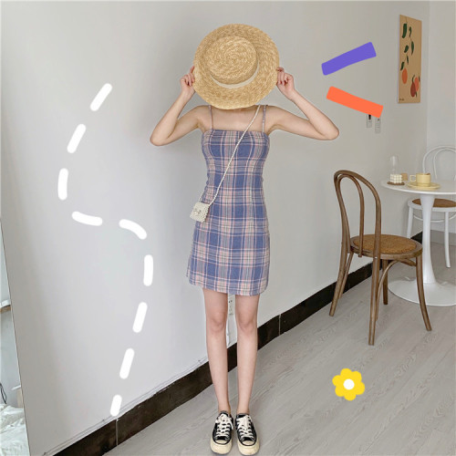 Actual first love sweet retro Plaid suspended dress temperament self-cultivation A-shaped skirt