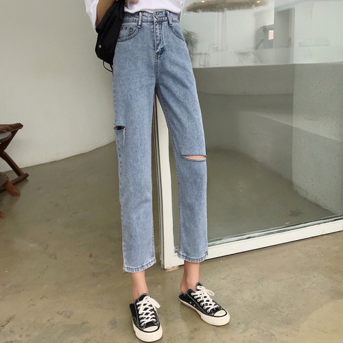 Real shot Korean chic high waist washed holes, raw jeans, versatile straight leg Capris, female