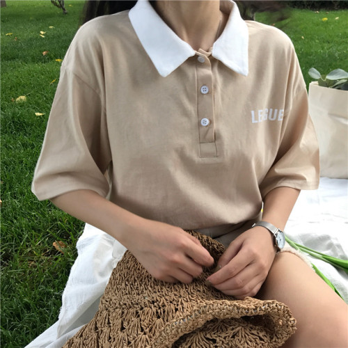Polo Printed Short-sleeved T-shirts for Female Students in Summer College Style of Guantu