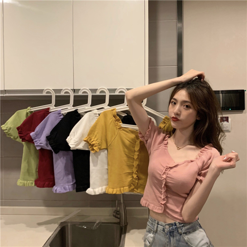 Real photo real price Korean French V-neck open collarbone foreign air wood ear edge Short Sleeve T-Shirt Top