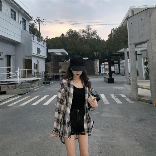 Blouse Women's New BF Wind Loose Medium-and Long-Term Black-and-White Chequered Junior Shirt Coat in Spring and Summer of 2019