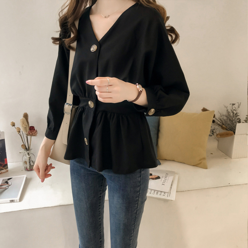Early autumn women's wear in 2018 new Korean version temperament slim waist V-neck shirt women's long sleeve jacket Han Fan shirt trend