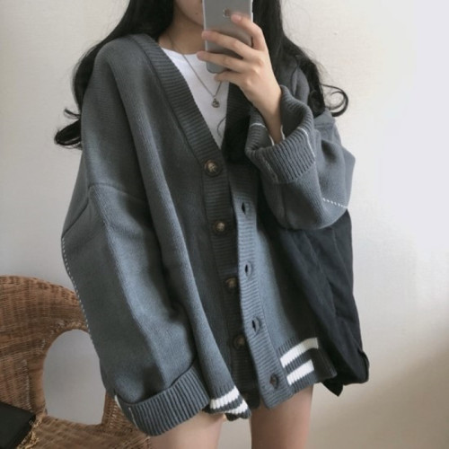 Real price autumn and winter Korean new loose Vintage single-row button sweater in pure color