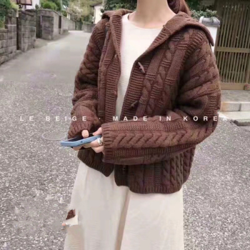 Autumn New Korean Chic Academy Wind Coarse Wool Knitted Open Sweater Female Navy Neck Coat Overcoat
