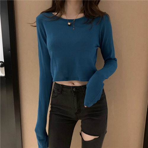 Short Knitted T-shirt with Long Sleeve and Round Neck in Early Autumn