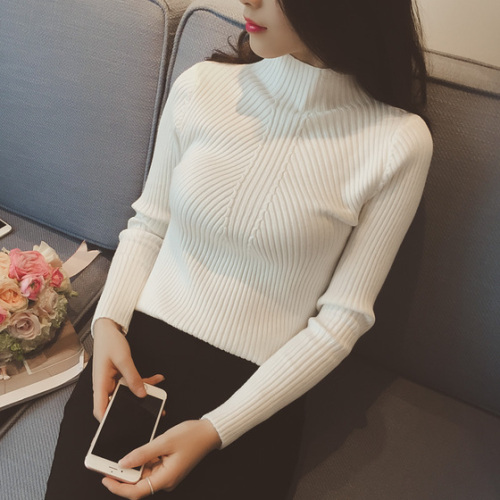 Autumn and Winter Half-neck Slimming Threaded Bottom Shirt Women's Close-fitting Knitted Sweater