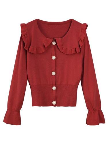 Early autumn 2019 light-skilled net red figure-building doll collar knitted cardigan women's long-sleeved thin bottom sweater with bells
