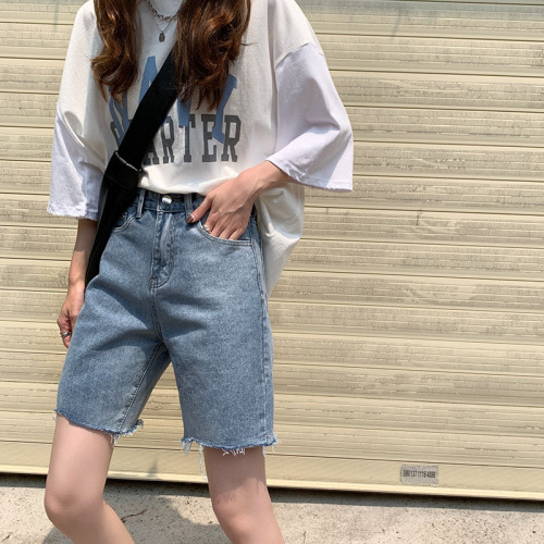 Actual Spring Simple Baitao Summer New Edge-Tearing Korean Jeans Trousers and Shorts