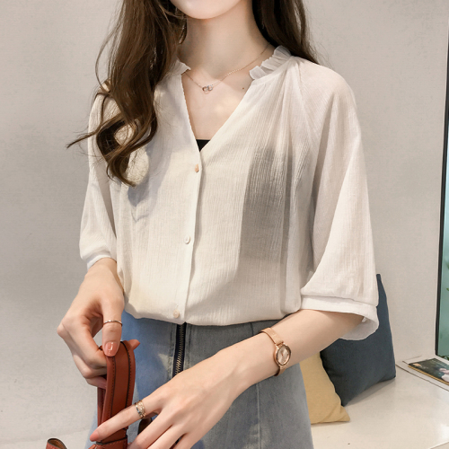 New women's Korean version loose large chiffon blouse women's 7-sleeve top simple and versatile base coat