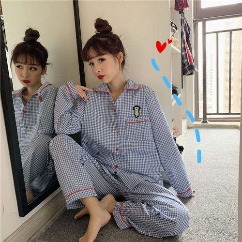 Control 5 Real-price Korean version of autumn and winter cotton and hemp loose leisure Plaid fun student pajamas and home clothes