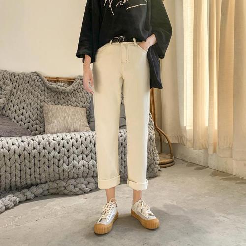 Jeans, straight-bottomed, rice-white, wide-legged, high-waisted, loose student Beige BF pants, Korean version
