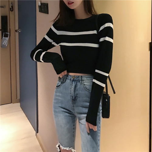 Actual Short Short Short Short Short Show-waist Slender Stripe Knitted Sweater Thin Long Sleeve Sweater