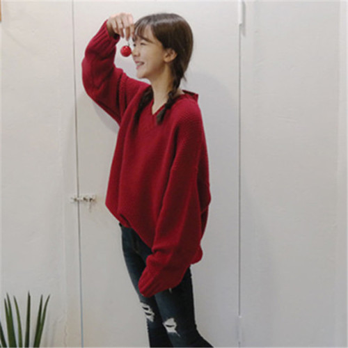 Retro Chic Wind V-neck Thick Knitted Girl with Loose Sweater and Long Sleeve Knitted Girl's Autumn Top
