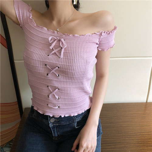 Spring and Korean Knitted Sweaters, Short Slip, One-character Shoulder, Short Sleeve Women's Bottom Shirts