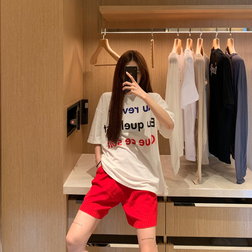 Loose T-shirt printed with real letters + straight tube high waist slim knitted casual trousers suit
