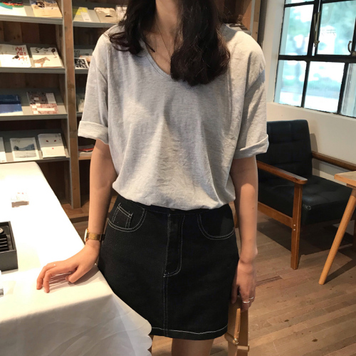 New Korean Pure-color U-collar Basic Kind of Loose Short Sleeve T-shirt