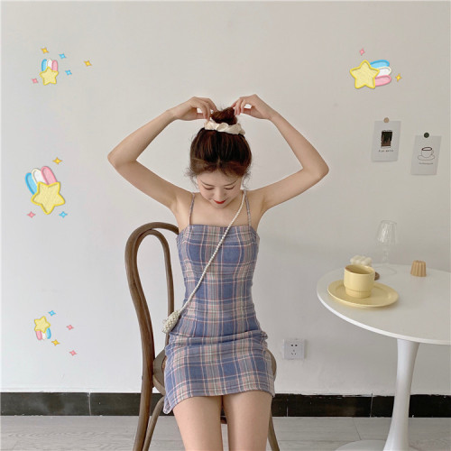 Actual first love sweet retro Plaid suspended dress temperament self-cultivation A-shaped skirt
