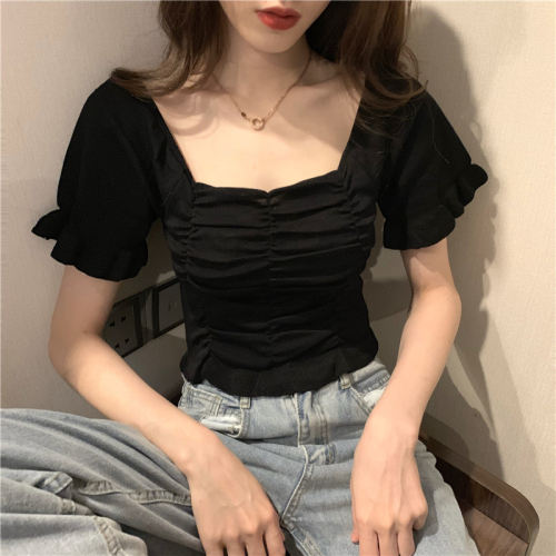 Real shot Real Price vintage square collar with collar bone pleated and wood ear edge short sleeve T-shirt