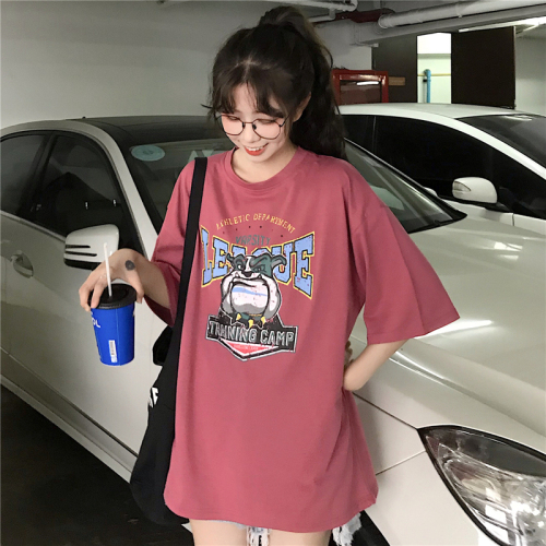 Photo 6 535 Cotton 2019 New Korean Summer Cartoon Printed Short Sleeve T-shirt Loose for Women