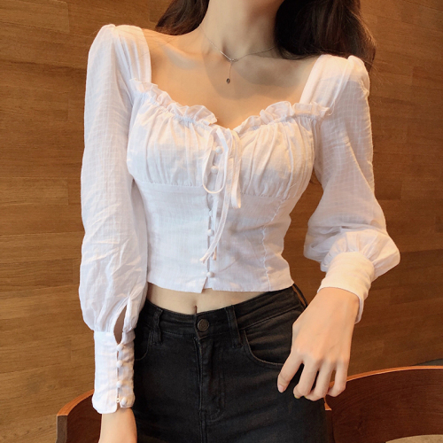 Real-price autumn white long-sleeved light-ripe foam sleeve retro-style collar slim shirt