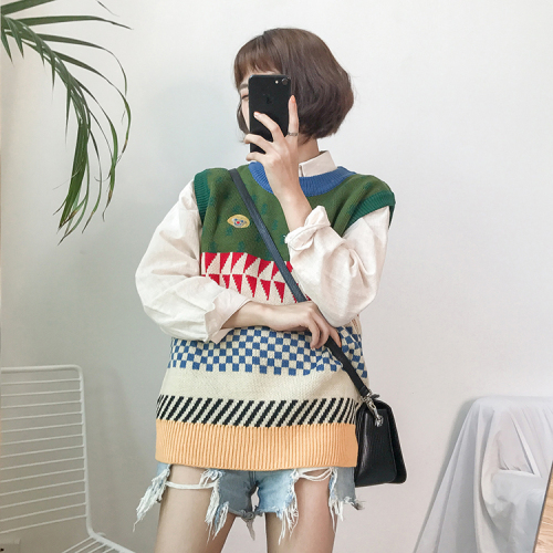 Real-time retro loose color stitching Korean version sweater waistcoat