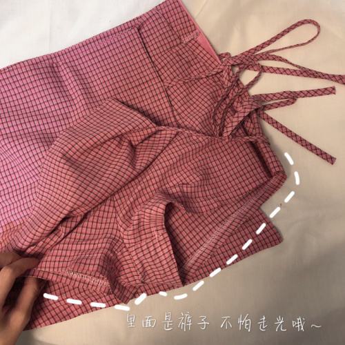 Real Price Girl Pink Short Sleeve Printed T-shirt + Strap Checker Short Skirt