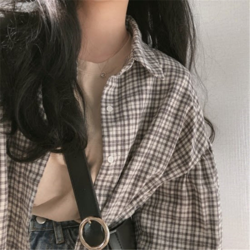 Early Autumn Girls Retro Style Small Chequered Lantern Sleeve Loose Shirt Long Sleeve Institutes Korea