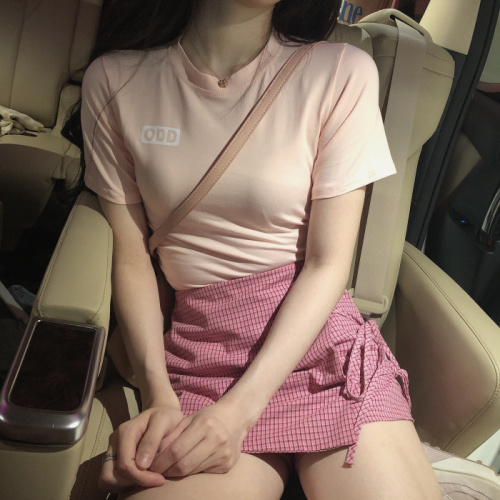 Real Price Girl Pink Short Sleeve Printed T-shirt + Strap Checker Short Skirt