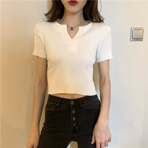 Real photo real price summer Korean solid slim short Knitted Top
