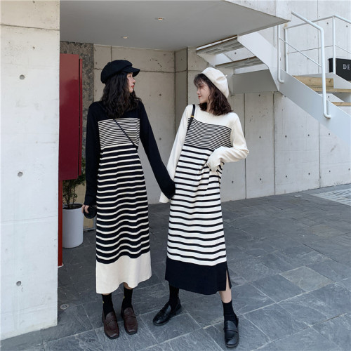 Real-price striped knitted long-sleeved dress for women with slim winter temperament