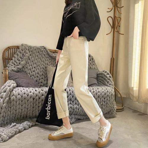 Jeans, straight-bottomed, rice-white, wide-legged, high-waisted, loose student Beige BF pants, Korean version