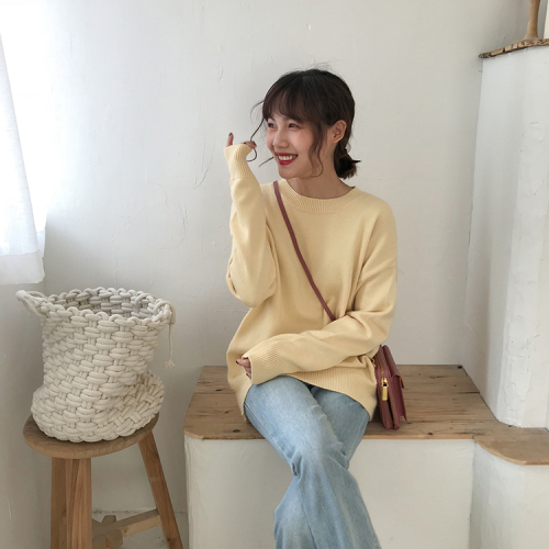 Shot Quality Inspection Video Simple Pure Color Loose Heating Sleeve Knitted Sweater