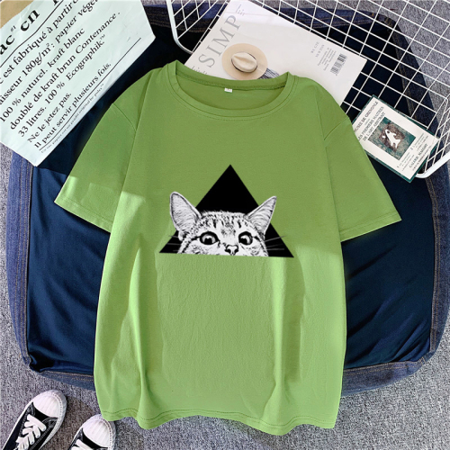 New summer T-shirt women's short sleeve top Korean triangle cat loose student round neck Pullover