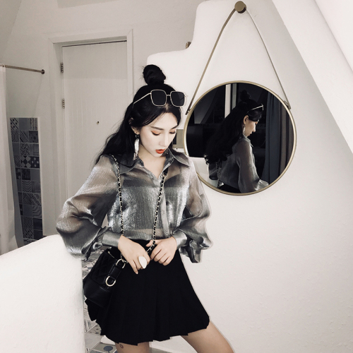 Actual Silver Gray Transparent Korean Edition Loose Sunscreen Thin Shirt Long Sleeve Open Shirt Top Ladies