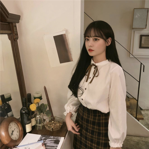 Korean ins girl tie bow corduroy long sleeve shirt autumn and winter retro college windbreaker
