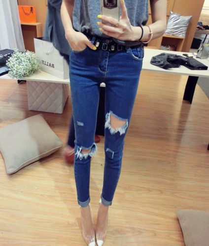 New Korean version of knee-piercing jeans, women's trousers, pencil pants, pants, beggars'pants#