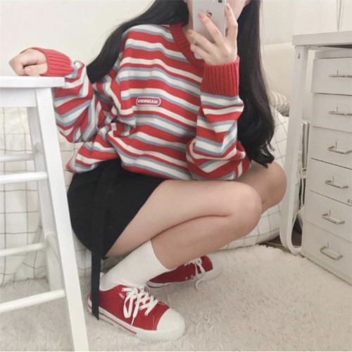 Rehabilitation College Girls Embroidery Letter Stripe Round-collar Sweaters Loose Knitted Sweaters Autumn and Winter