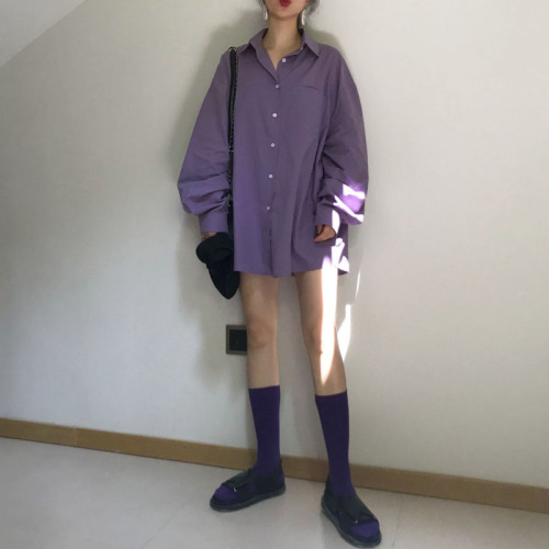 Actual Korean oversized boyfriend-style lazy wind Lantern Sleeve purple medium-long shirt