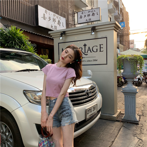 Real Price Control 23 2019 New Pure Color Short Baitao Short Sleeve T-shirt Top with Leisure Bottom