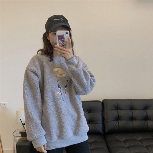 Real photo ~ funny and cute cartoon embroidery little flying elephant grey lamb hair Pullover Sweater autumn and winter female South Korea
