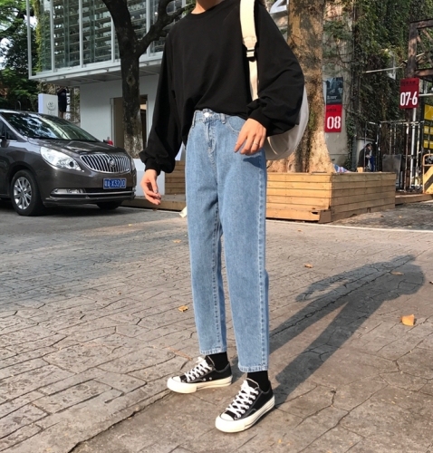 Actual Korean version of loose and slim straight barrel jeans nine-minute pants women