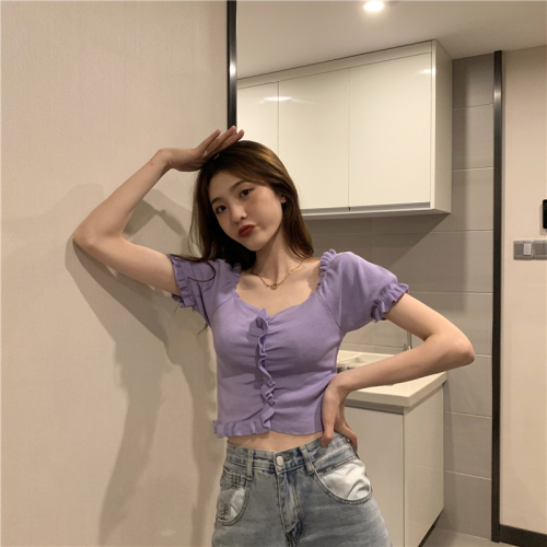 Real photo real price Korean French V-neck open collarbone foreign air wood ear edge Short Sleeve T-Shirt Top