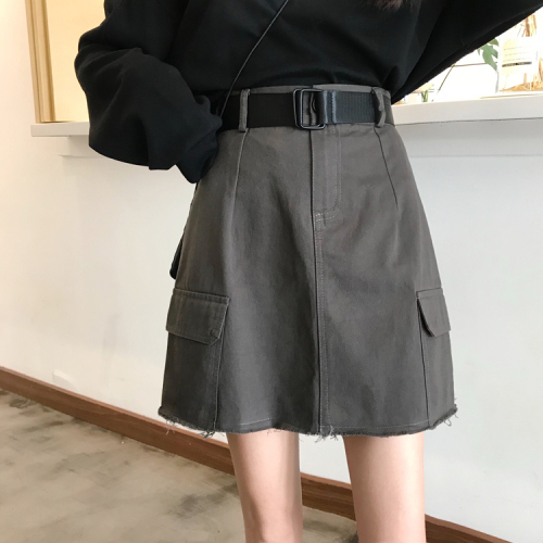 Korean version of Hong Kong flavor ins high waist double pocket overalls skirt