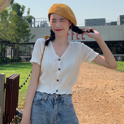 Real photo quality inspection summer cut out top short short sleeve T-shirt thin knit cardigan sunscreen