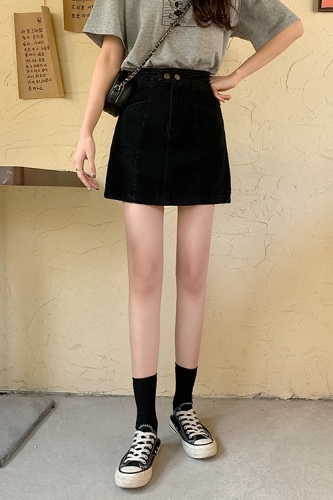 Real photo real price early spring new Korean double button denim high waist skirt short skirt word skirt